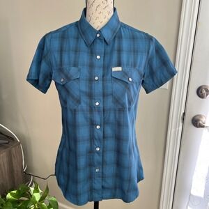 Dixxon Flannel 1962 Short Sleeve Shirt Womens Small Blue Pearl Snap Bamboo Blend